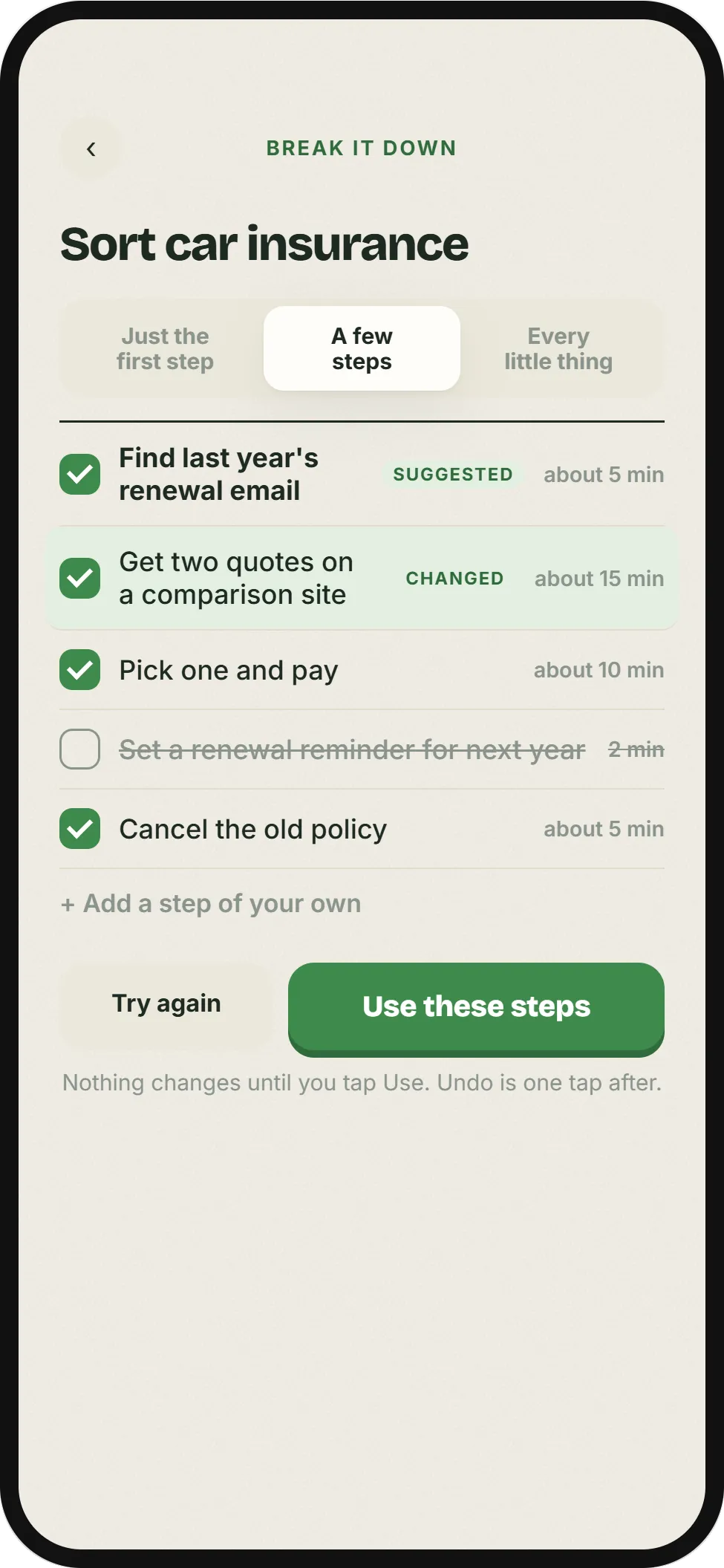 Break it down: proposed steps for a task, each ticked to keep, with a dial for how small the steps should be.